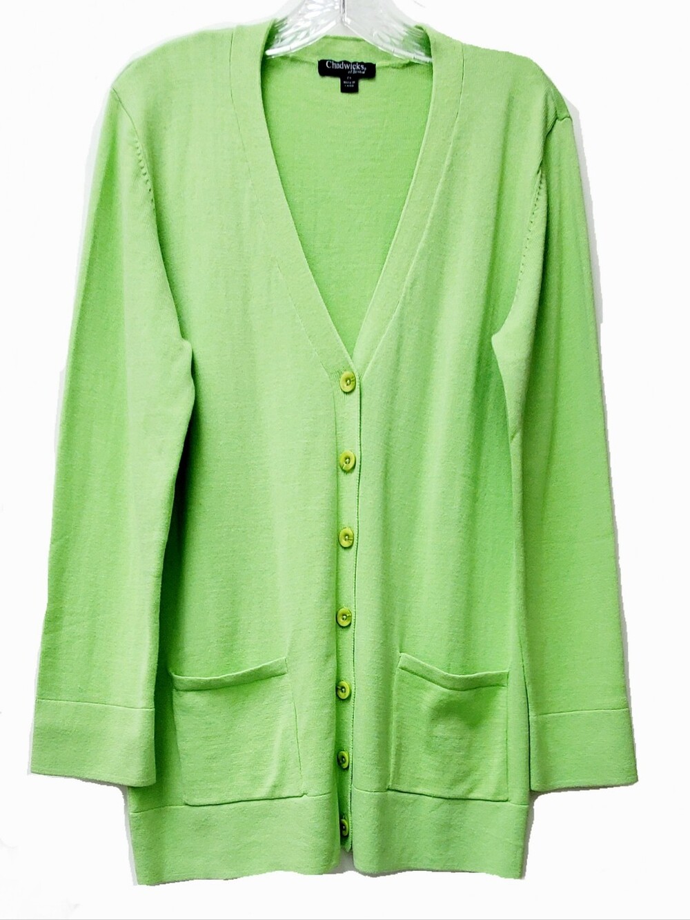 Chadwicks Of Boston Lime Green Vneck Long 100% Cotton Cardigan Pockets Size S